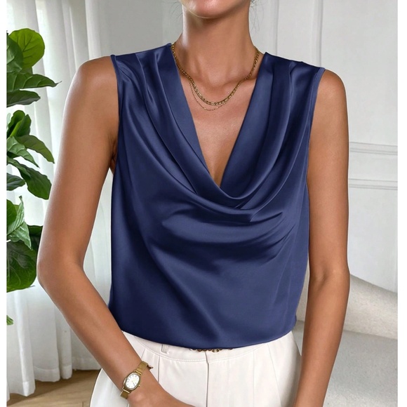 Satin Draped Cowl Neck Sleeveless Blouse Blue - Picture 1 of 8